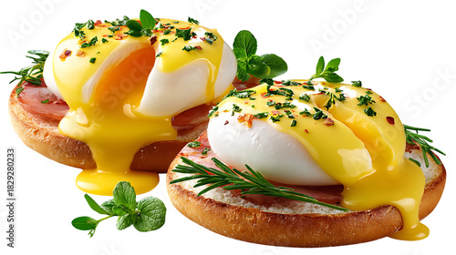 Delicious eggs benedict with runny yolks and hollandaise sauce