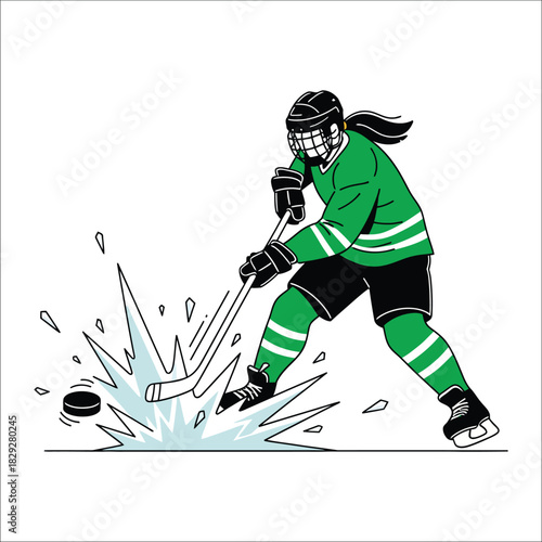 Female Hockey Player in Green Uniform Shooting Puck on Ice woman girl