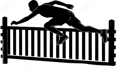 Man Jumping Over Fence Obstacle Silhouette - Hurdle Challenge Vector