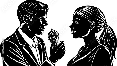 Cute Couple Sharing Ice Cream Cone Silhouette - Romantic Date Vector