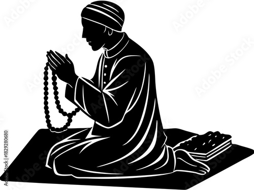 Muslim Man Praying on Rug with Prayer Beads Silhouette - Islamic Vector