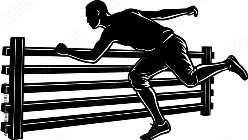 Man Jumping Over Fence Obstacle Silhouette - Hurdle Challenge Vector