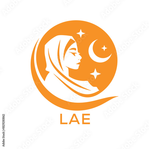 LAE Elegant Muslim Woman Logo with Moon and Stars. LAE Islamic Beauty, Modest Fashion & Hijab. LAE Brand Icon.
