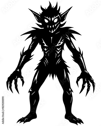 Creepy Monster Cartoon Silhouette with Glowing Eyes - Halloween Vector Art