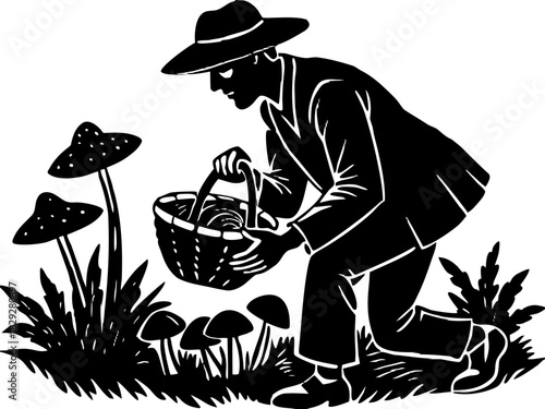 Mushroom Forager Picking Fungi Silhouette - Man with Basket Vector
