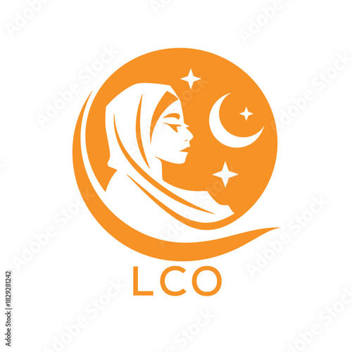 LCO Elegant Muslim Woman Logo with Moon and Stars. LCO Islamic Beauty, Modest Fashion & Hijab. LCO Brand Icon.
