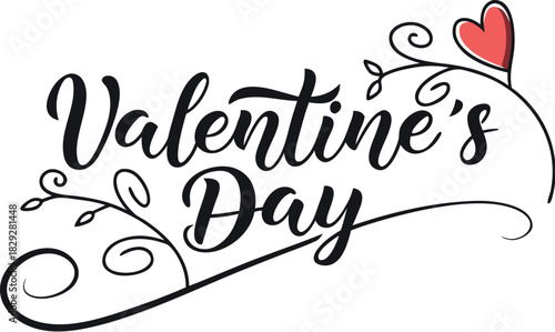 Elegant valentines day calligraphic text with decorative swirls and a small red heart
