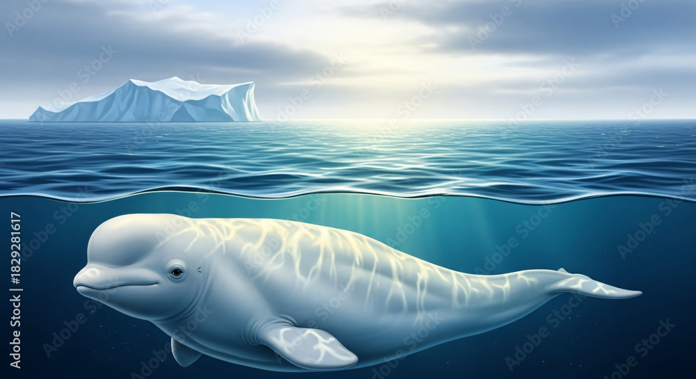 Fototapeta premium Beluga whale swimming underwater near iceberg in serene ocean 