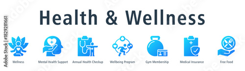 Health & Wellness Web Banner Glyph Gradient icon vector illustration concept with icon of wellness, mental health support, annual health checkup, wellbeing program, gym membership, medical insurance