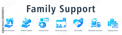 Family Support Web Banner Glyph Gradient icon vector illustration concept with icon of house assistance, childcare support, parental leave, family care leave, pet friendly and relocation assistance