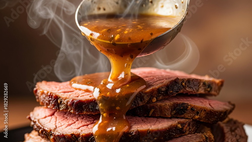 Close-up of hot, steaming gravy being poured from a ladle onto juicy sliced roast beef, highlighting rich texture, warm colors, and savory appetizing detail two