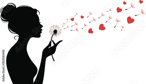 A beautiful woman in profile gently blows a dandelion with delicate pink heart shaped seeds