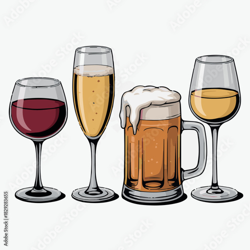 Vector illustration showing four different types of alcoholic beverages including wine and beer glasses