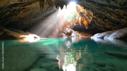 Natural cave formation with sunlight beam and underground water pool