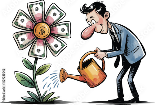 A cheerful businessman in a blue suit carefully waters a money flower blooming with dollar bills