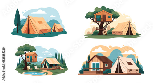 Camping and glamping scenes with tents, a treehouse, and a small cabin in nature.