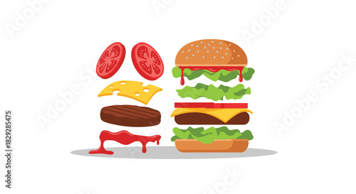 Exploded view of a cheeseburger with all its ingredients separated on a white background.