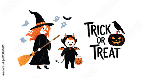 Cute witch and devil character illustration with spooky Halloween elements for trick or treat celebration.