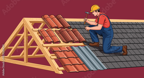 Construction worker installing roof tiles and metal sheeting on a wooden roof structure.