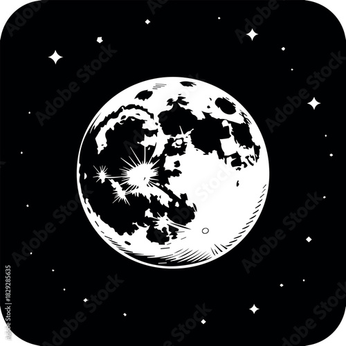 Vector a monochrome illustration of a detailed moon surrounded by stars in a dark night sky scene