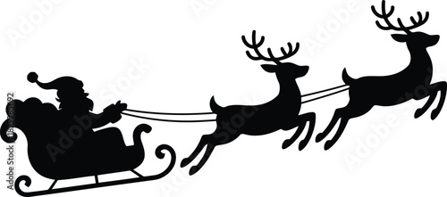 A classic black silhouette of Santa Claus flying in his sleigh pulled by two magnificent reindeer