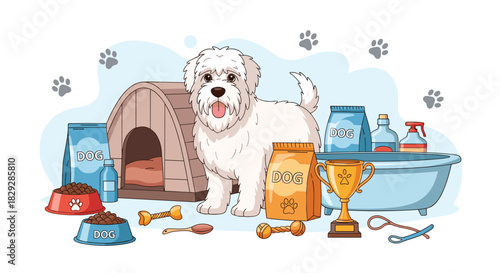 A fluffy white dog is surrounded by its essentials, including food, a doghouse, bath supplies, and a trophy.