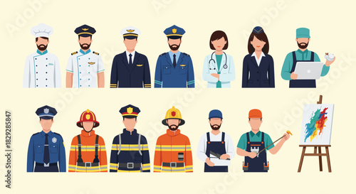 A diverse collection of illustrations showcasing people in various professional occupations, including healthcare, emergency services, culinary, aviation, and trades.