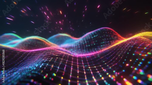 鮮烈なグリッチ波が輝くピクセル光と交わる躍動的デジタルアート