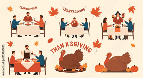 A heartwarming collection of Thanksgiving illustrations featuring diverse groups dining, a chef, and festive autumn symbols like turkeys, pumpkins, and fall leaves.