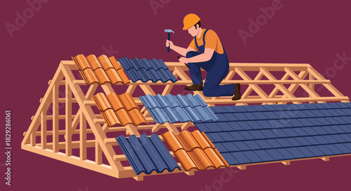 A roofer carefully places and secures different colored and shaped tiles onto the exposed wooden structure of a residential roof.