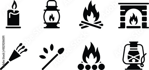 A collection of black silhouette icons illustrating various ways to create light and warmth including a fireplace