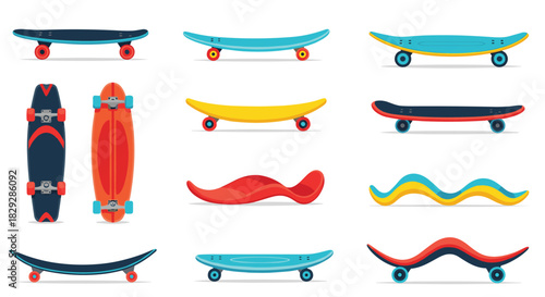 A diverse collection of colorful skateboards and longboards in various shapes, illustrating different designs for recreational and extreme sports.