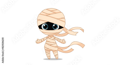 A cute cartoon mummy character with large, sparkling eyes and trailing bandages poses against a white background.