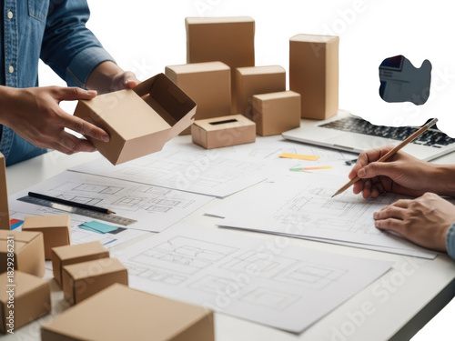 Team discussing packaging design over blueprint with cardboard boxes transparent background