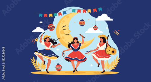 Joyful celebration of a traditional festival with three women dancing in vibrant dresses beneath a smiling moon and colorful bunting.