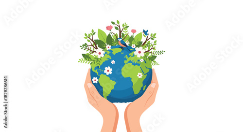 Hands cradling a vibrant Earth blossoming with flora and fauna, symbolizing global environmental care and sustainable living.