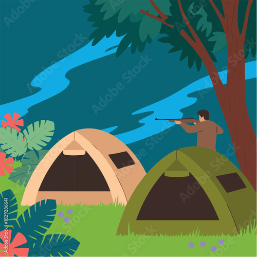 Vector a camping scene showing two tents with a hunter aiming his rifle in the wilderness area