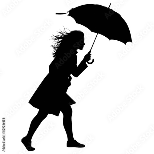 Black silhouette of a woman holding an umbrella against the wind, coat fluttering in a dramatic minimal scene.svg
