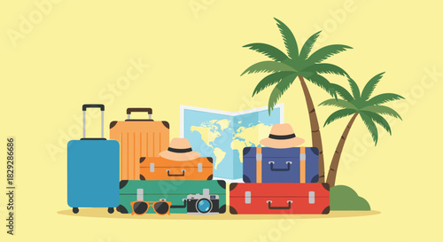 A collection of colorful suitcases, travel accessories, and palm trees on a yellow background, symbolizing a tropical vacation getaway.