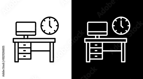 Office Clock Outline White Icon Set Design