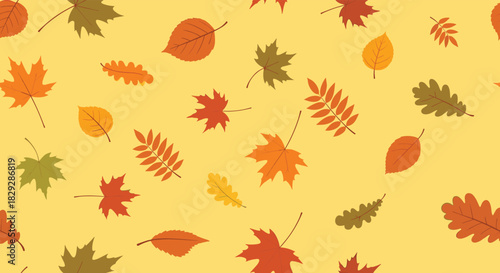 A vibrant seamless pattern featuring a variety of colorful autumn leaves scattered across a warm yellow background, perfect for fall designs.