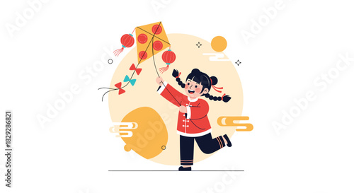 A joyful Asian girl in traditional attire happily runs and flies a vibrant kite adorned with festive red lanterns under a warm, sunny sky.