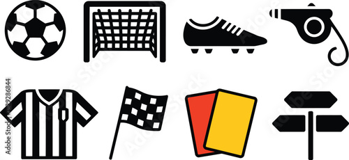 A collection of essential soccer and football equipment icons displayed on a clean white background
