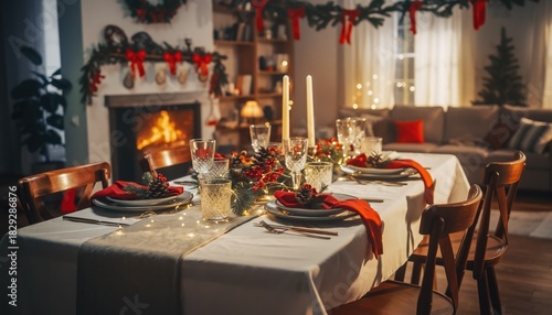 Festive Christmas Dinner Table Setting with Fireplace and Decorations.
