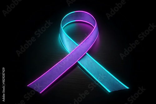 Glowing purple and teal awareness ribbon symbolizing various causes on a dark background