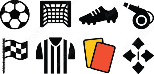 A collection of stylized football related icons, showcasing referee signals and player equipment with clear markers