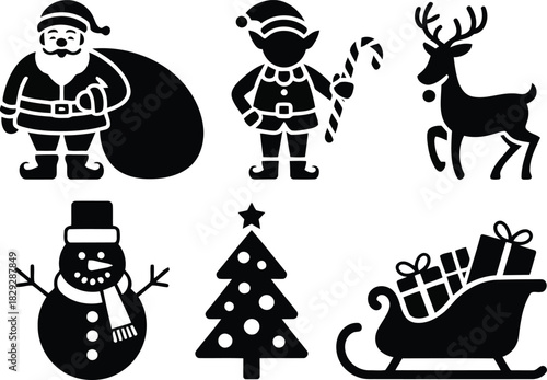 A collection of traditional black Christmas season characters and symbols on a white field