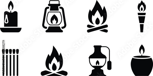 A collection of black simple icons showing different sources of fire for light and heat like torches