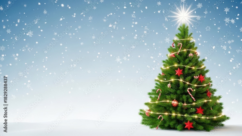 Fototapeta premium Beautifully decorated christmas tree with a shining star in a snowy winter scene