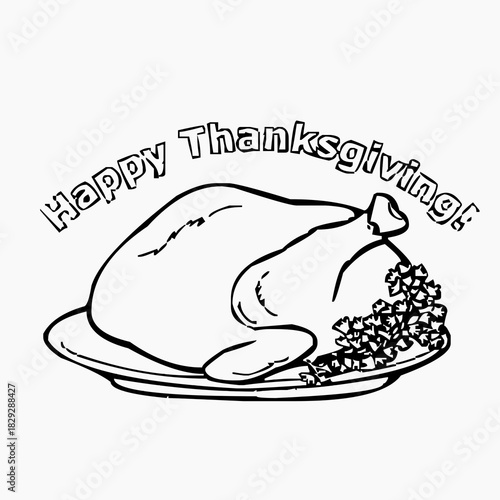 Black and white line art illustration of a roasted turkey dinner served on a platter with garnish, accompanied by "Happy Thanksgiving!" text.